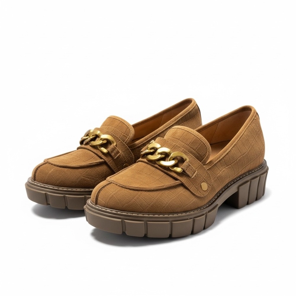 Vionic Elodie Chunky Lug Sole Loafers Tan Suede Croc Gold Chain 9.5 40.5